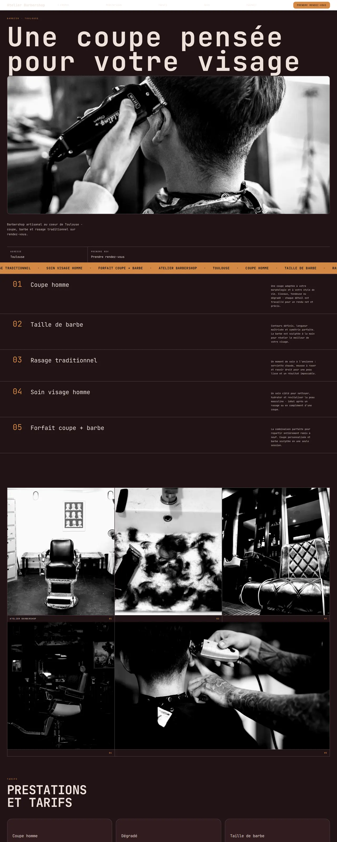 Capture d'écran du site Atelier Barbershop, design audacieux sur fond sombre, accents vermillon et typographie massive