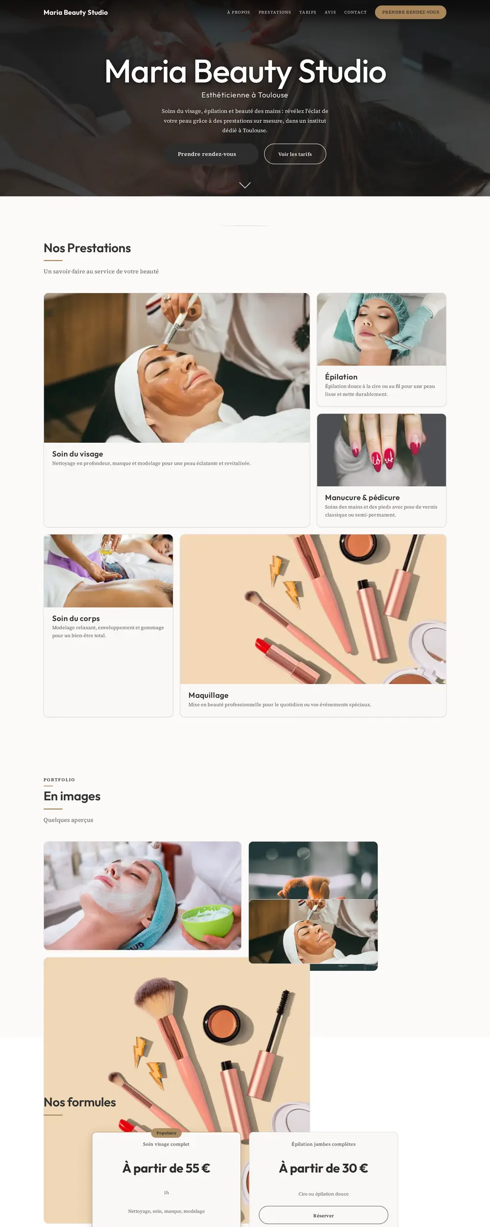 Capture d'écran du site Maria Beauty Studio, design boutique en tuiles bento modulaires, fonds neutres et arrondi doux.