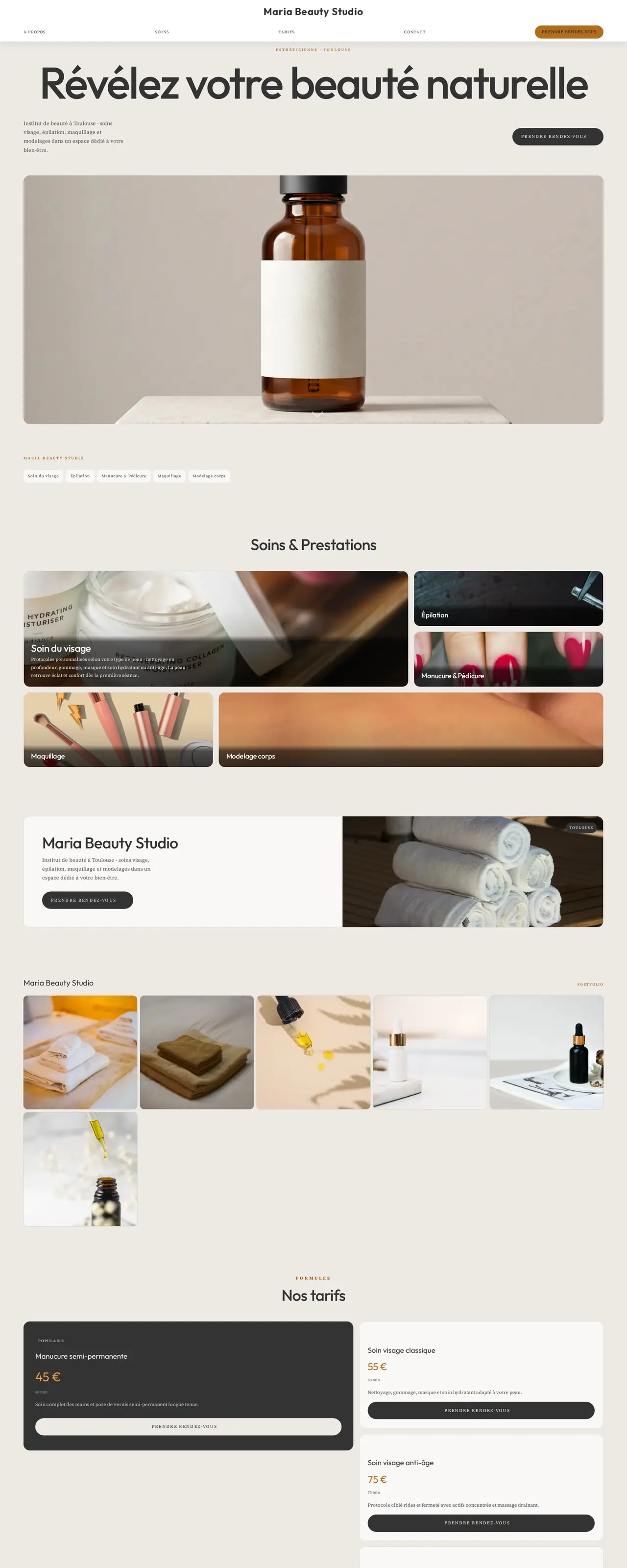 Capture d'écran du site Maria Beauty Studio, design boutique en tuiles bento modulaires, fonds neutres et arrondi doux.