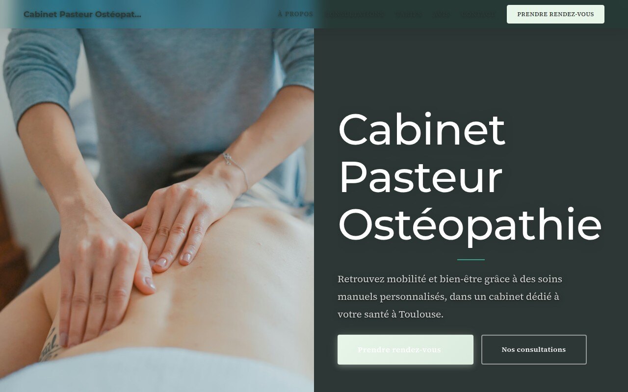 Capture d'écran du site Dupont Kinésithérapie, design latéral avec navigation latérale, bleu médical et mise en page épurée