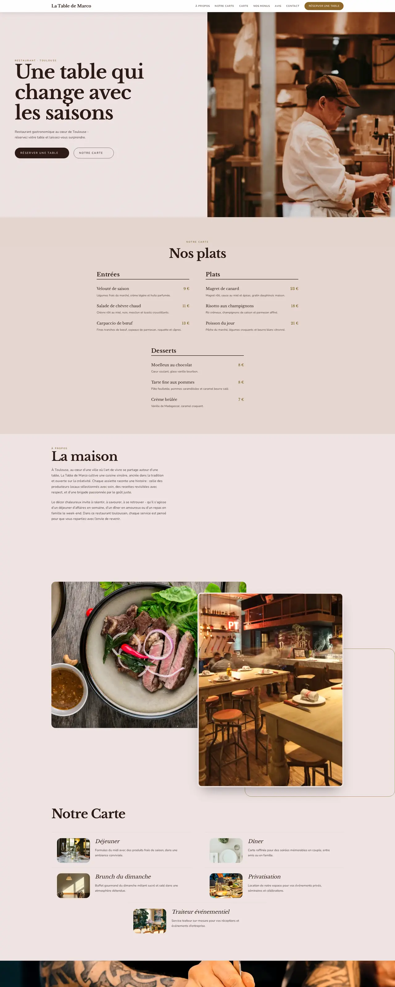 Capture d'écran du site La Table de Marco, design chaleureux aux tons chauds, carte gourmande et cards encadrées.
