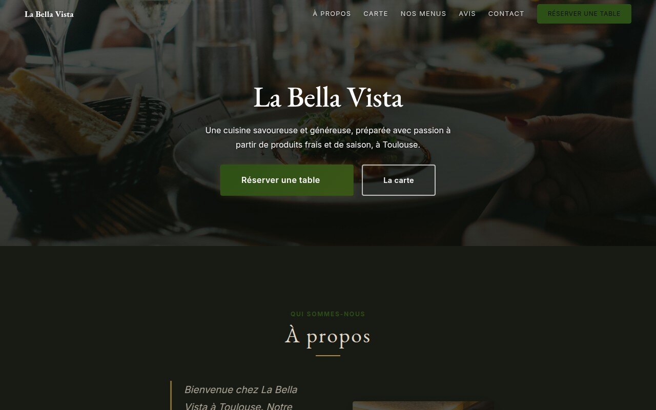 Capture d'écran du site La Bella Vista, design chaleureux avec tons chauds, dividers ondulés et textures grain